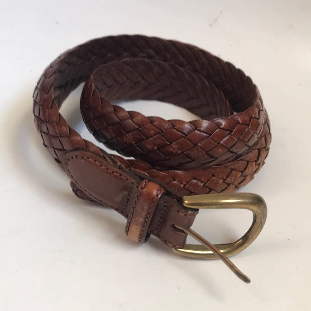 Mens lands end leather belt Lands end brown leather woven belt brass buckle size